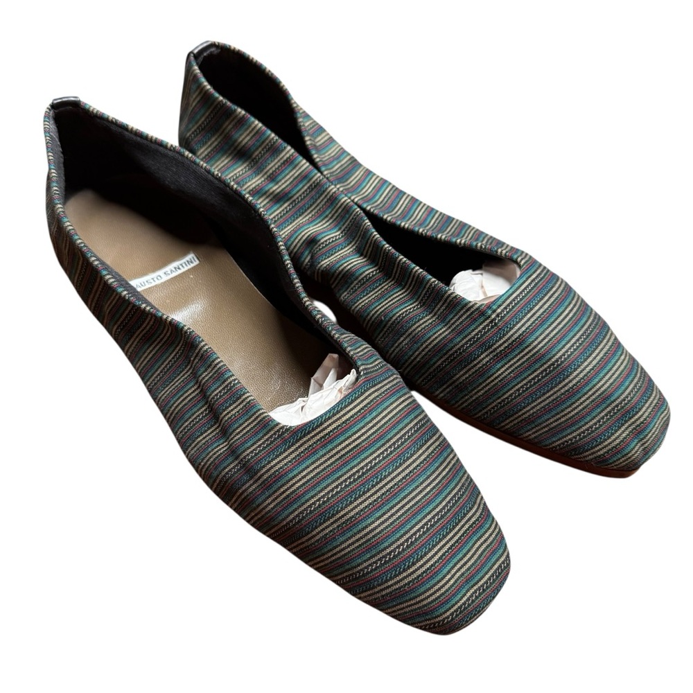 Fausto Santini Striped Ballet Flats 37.5 US 7 Square Toe Fabric Leather Italy